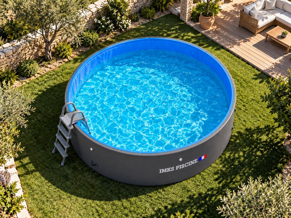 Piscine gonflable IMKS Gris Anthracite vue du dessus, installée sur gazon à côté d'une terrasse en bois