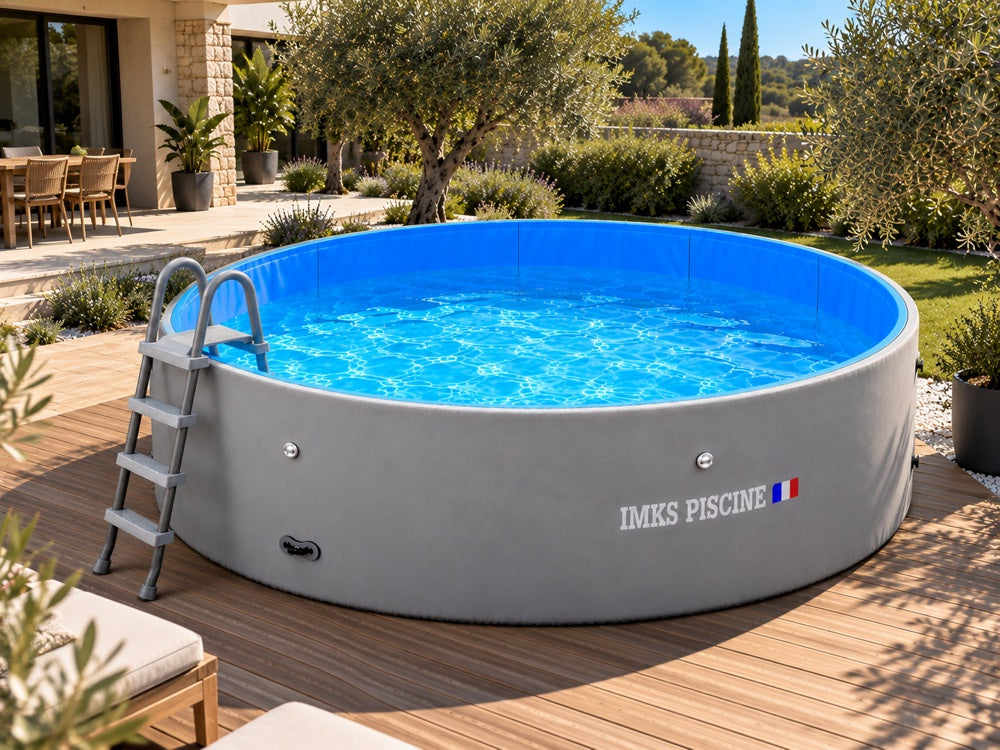 Piscine gonflable IMKS Gris Perle sur une terrasse en bois entourée d'oliviers